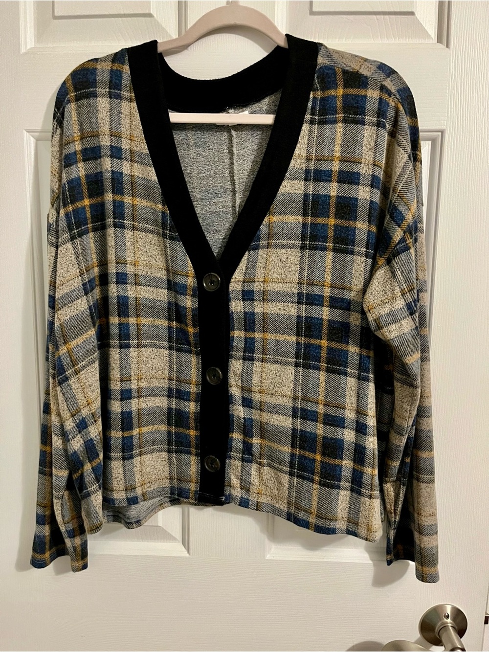 Plaid V-Neck Button Front Women’s Cardigan Sweater - Blue/Beige Maurices XL